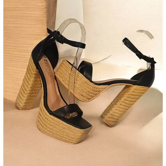 Black Platform High Heel Sandals With Woven Straw Sole & Ankle Strap Heel Chic - Picture 8 of 9
